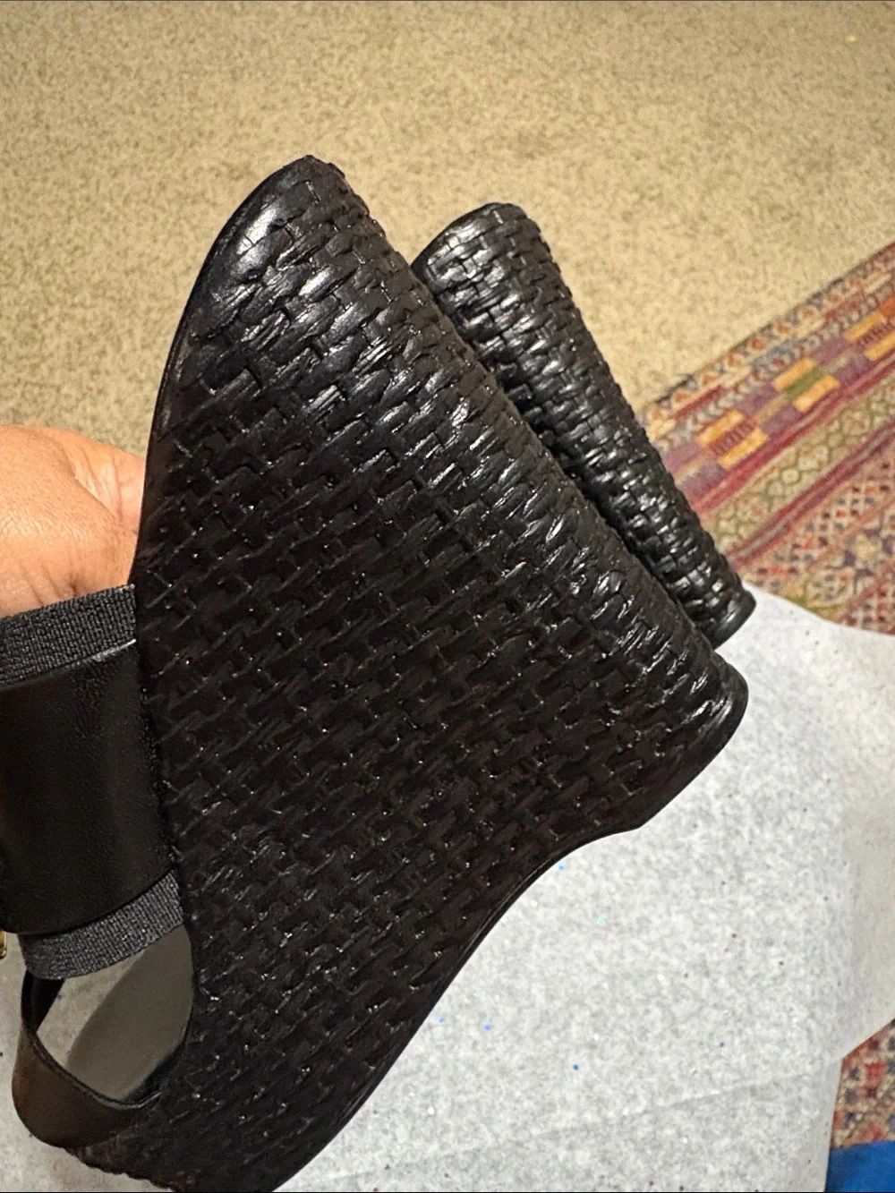 Toscanella Black Wedge Sandals with Gold Buckle Accent